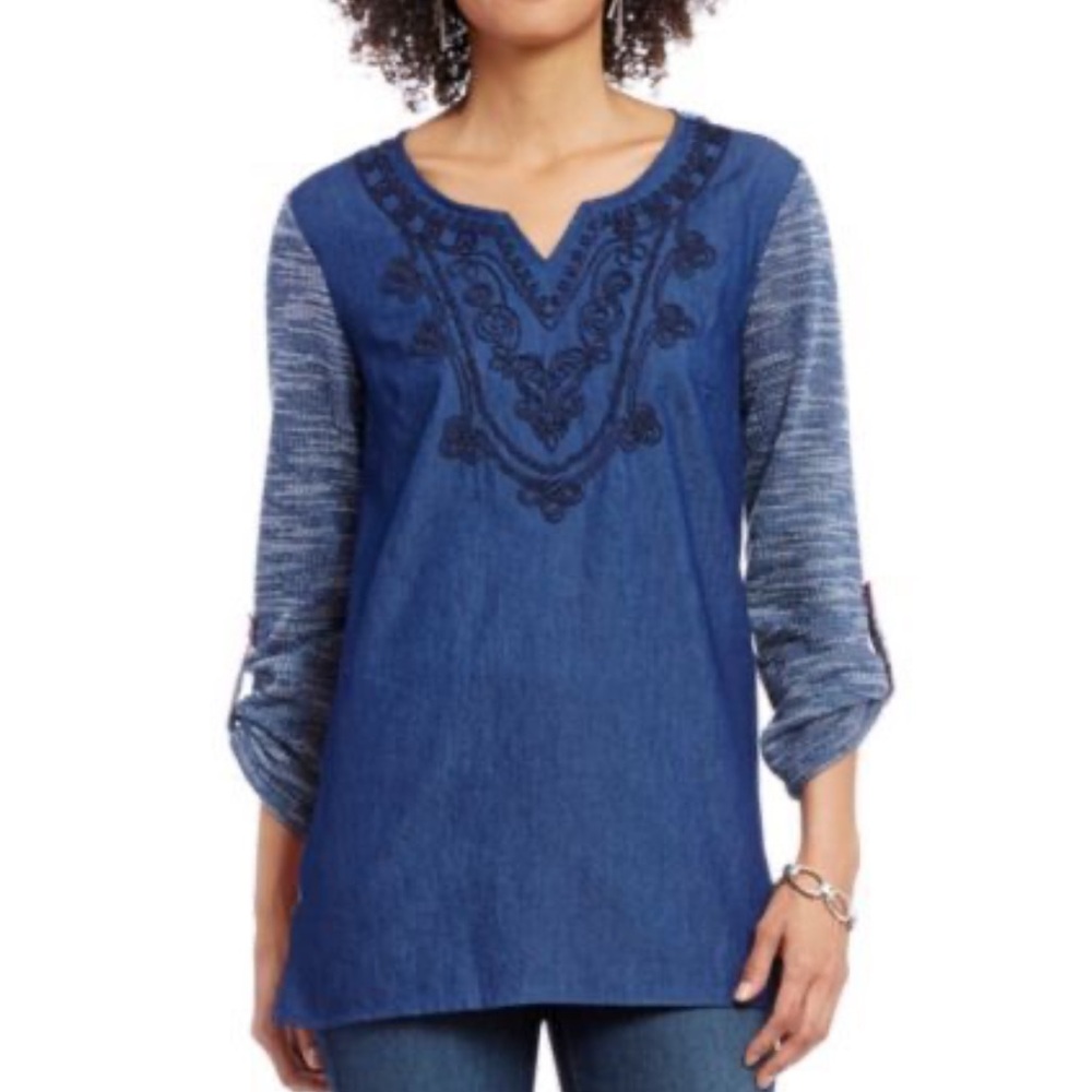 Ali Miles Tunic Top Shirt 3X Roll-tab Sleeves Embroidered Chambray Art To Wear